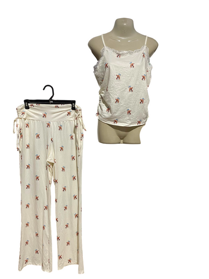 |XL| A9| TEDDY BEAR PRINT LACE-TRIM CAMI & DRAWSTRING PAJAMA TROUSER SET - CREAM