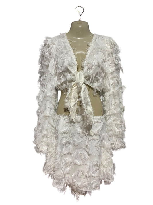 SHEIN |M| A9| TEXTURED FRINGE TIE-FRONT CROP TOP & MINI SKIRT TWO-PIECE SET - OFF-WHITE