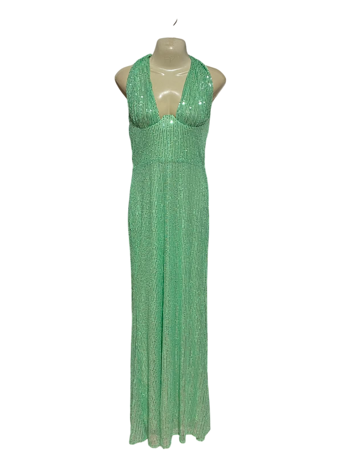 |S| BUST 30| A9| SEQUINED HALTER-NECK PLUNGING MAXI DRESS - MINT GREEN