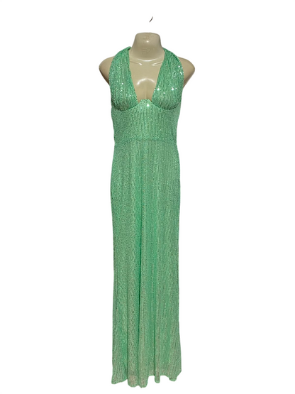 |S| BUST 30| A9| SEQUINED HALTER-NECK PLUNGING MAXI DRESS - MINT GREEN