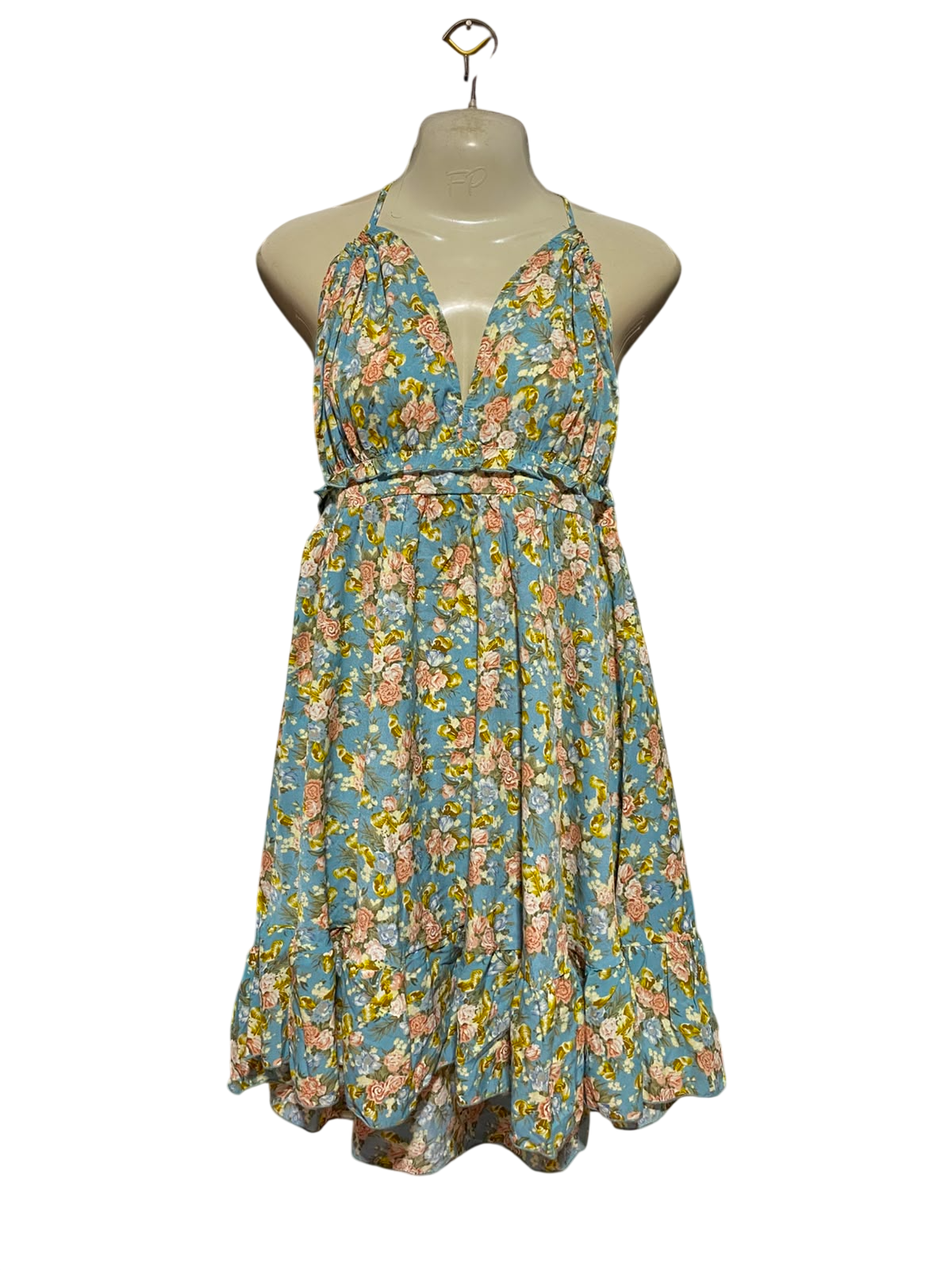 SHEIN |L| BUST 15| A9| VINTAGE FLORAL HALTER-NECK BACKLESS MINI DRESS - LIGHT BLUE