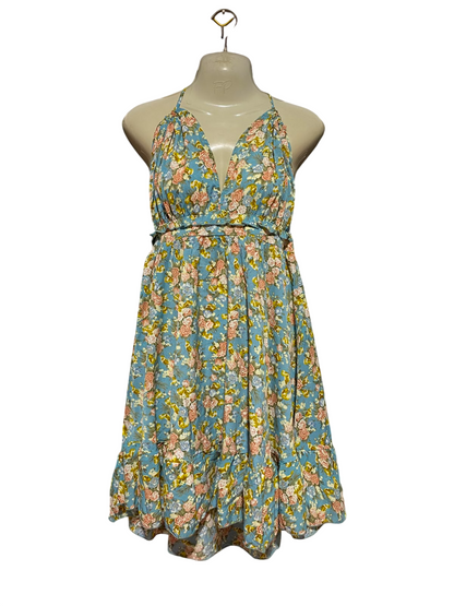 SHEIN |L| BUST 15| A9| VINTAGE FLORAL HALTER-NECK BACKLESS MINI DRESS - LIGHT BLUE