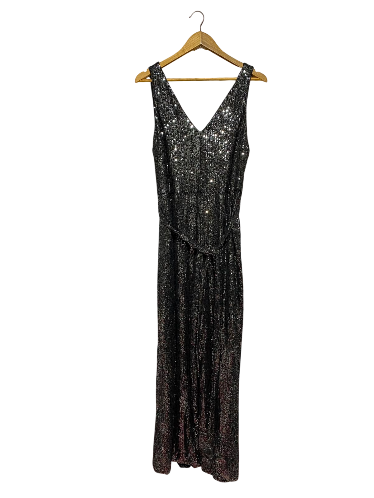 NEW LOOK |L| BUST 19| A9| FULLY SEQUINED V-NECK SLEEVELESS BELTED MAXI DRESS - CHARCOAL / GUNMETAL
