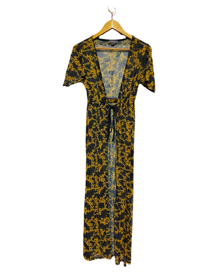 PRIMARK |S| BUST 15| A9| BAROQUE CHAIN PRINT SHEER OPEN-FRONT MAXI DRESS / COVER-UP - BLACK & GOLD