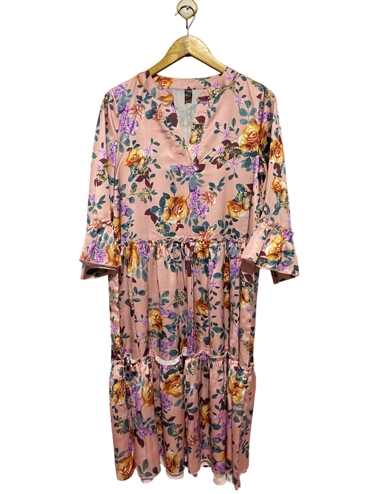 SHEIN |M| BUST 19| A9| FLORAL PRINT TIERED V-NECK MAXI DRESS - DUSTY PINK