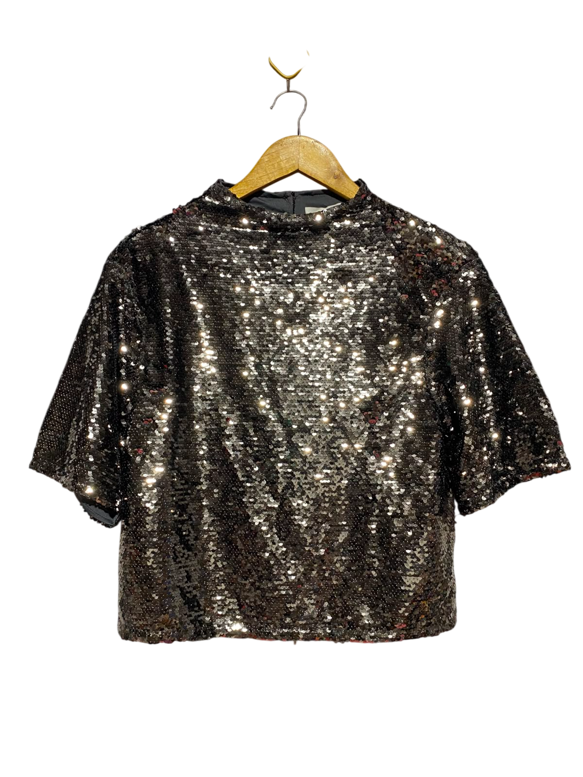 H&M |S| BUST 18| A9| FULLY SEQUINED HIGH-NECK SHORT SLEEVE TOP - BLACK / GUNMETAL