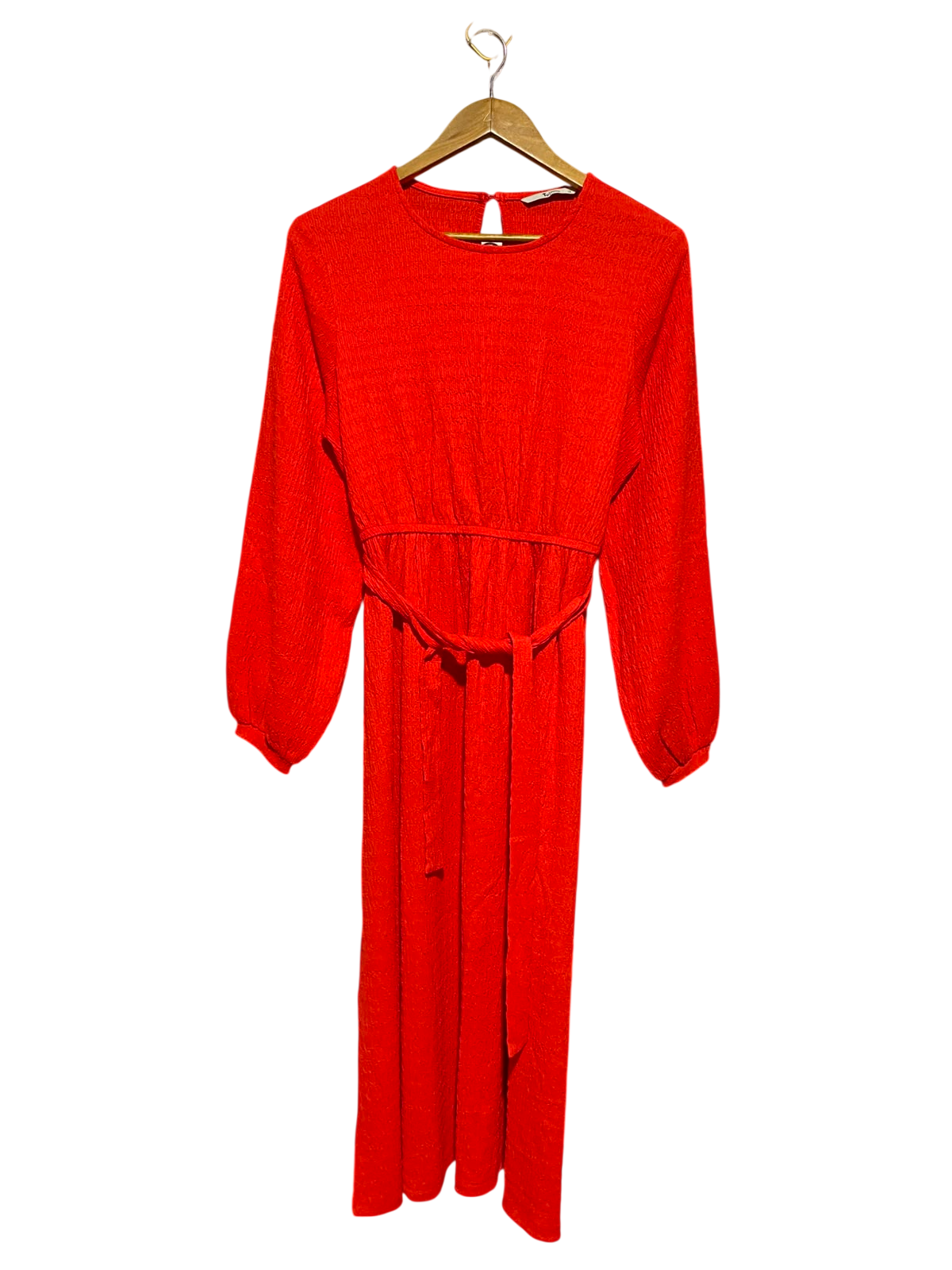 TU WOMAN |M| BUST 18| A9| TEXTURED LONG SLEEVE BELTED MAXI DRESS - VIBRANT RED