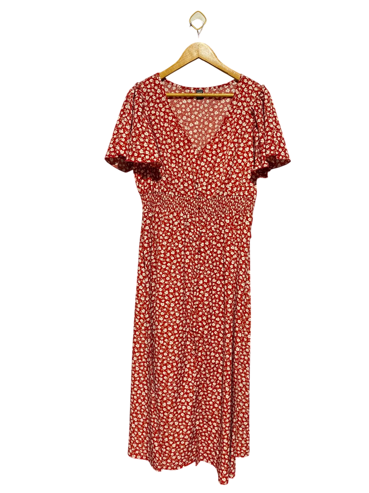 SHEIN CURVE |XL| BUST 18| A9| FLORAL PRINT V-NECK FLUTTER SLEEVE MAXI DRESS - RED & WHITE