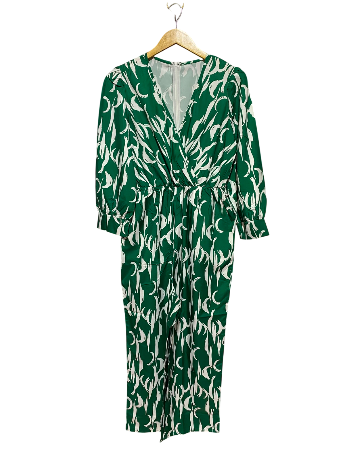 SHEIN |M| BUST 17| A9| ABSTRACT PRINT WRAP LONG SLEEVE MAXI DRESS - GREEN & WHITE