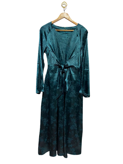SHEIN |S| BUST 16| A9| JACQUARD SATIN FRONT-TIE LONG SLEEVE MAXI DRESS - TEAL GREEN