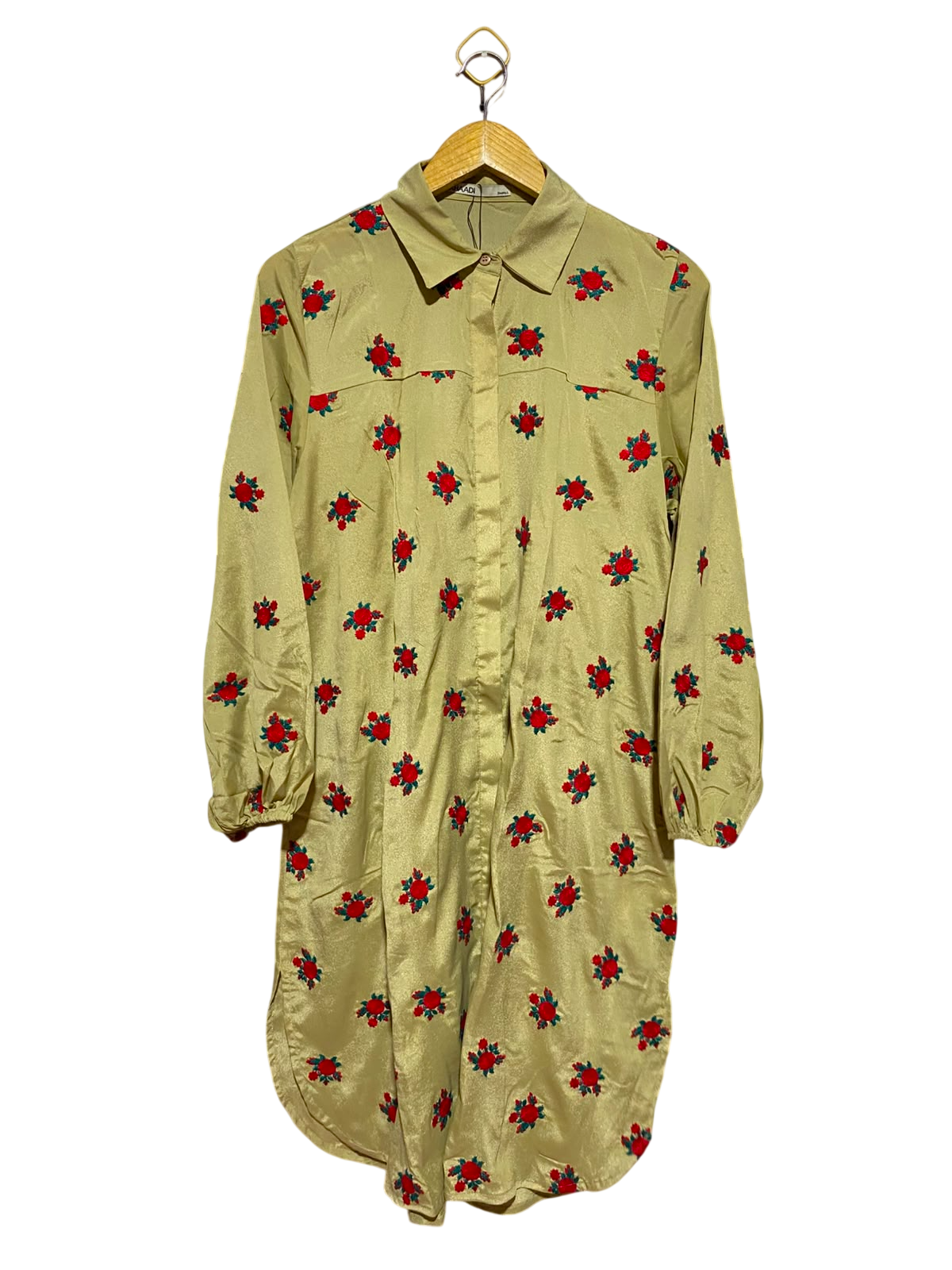 KHAADI |S| BUST 19| A9| EMBROIDERED FLORAL SILK SHIRT DRESS - OLIVE GREEN