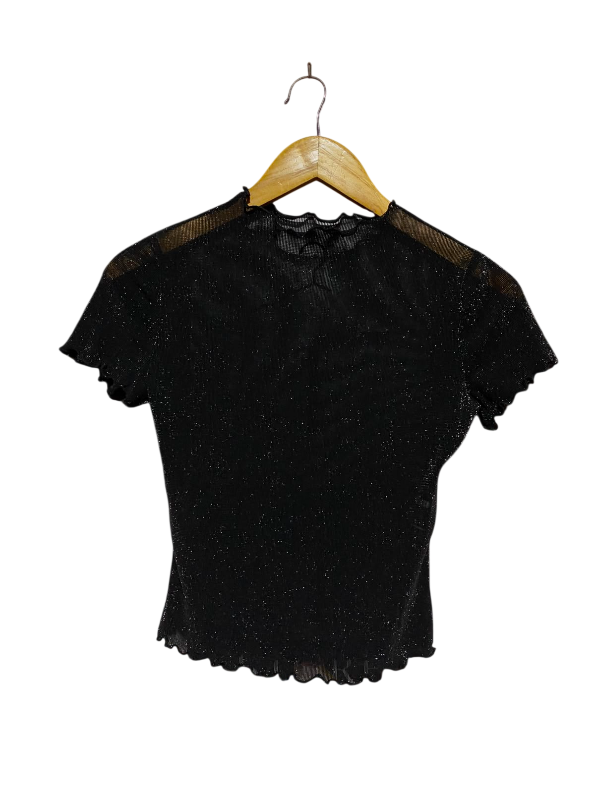 SHEIN |S| BUST 15| A9| BLACK SHIMMER MESH SHORT SLEEVE TOP WITH LETTUCE TRIM