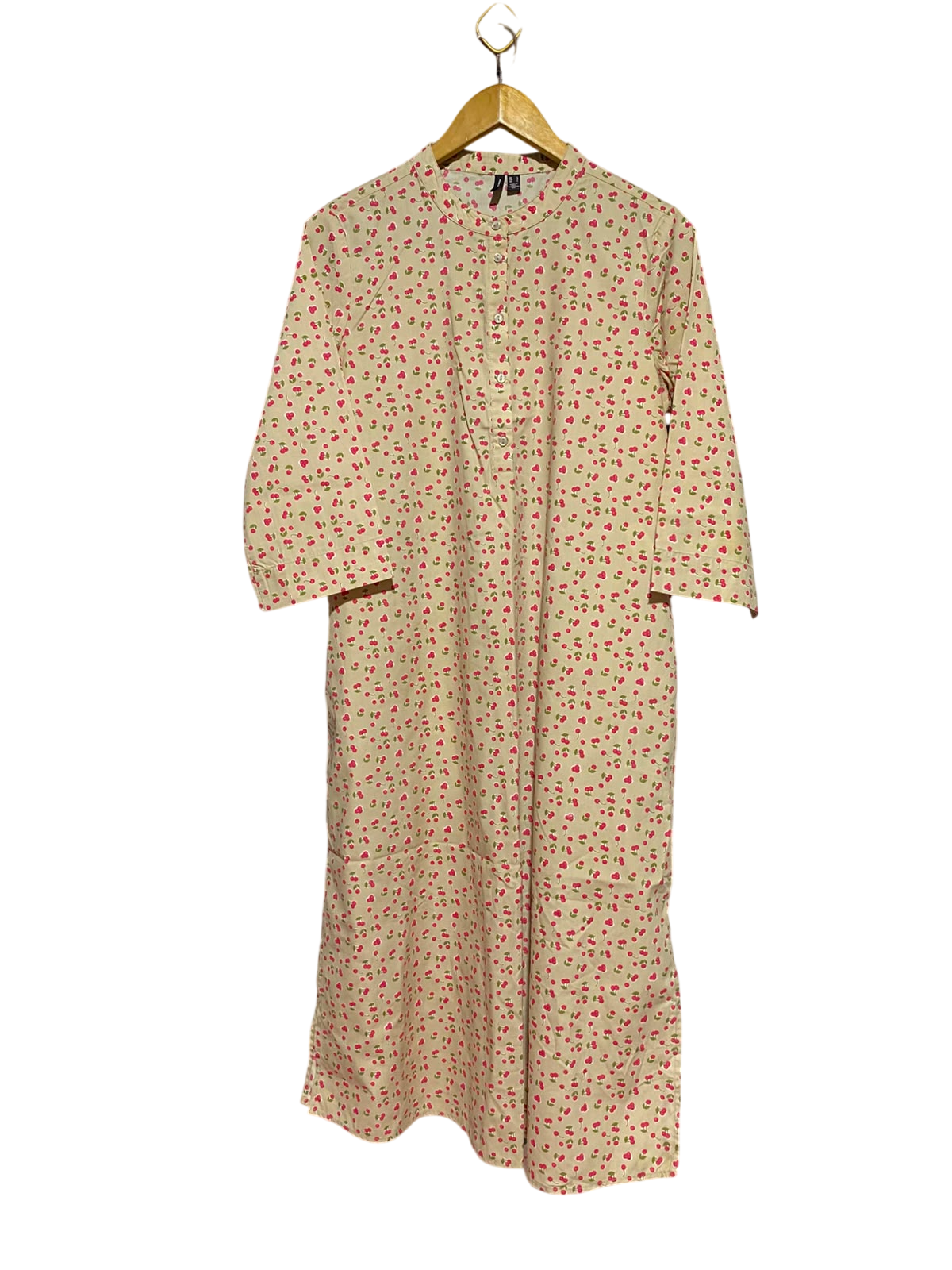 VERO MODA |L| BUST 21| A9| CHERRY PRINT COTTON MANDARIN COLLAR KURTI DRESS - BEIGE / RED