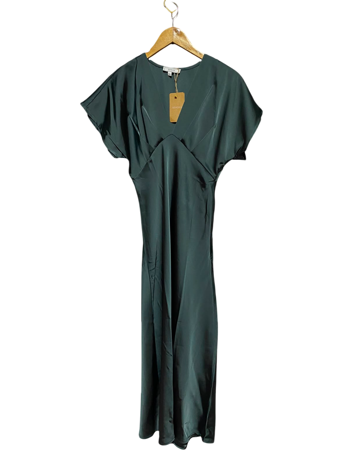 RIHOAS |S| BUST FREE| A9| SATIN V-NECK SHORT SLEEVE MAXI DRESS - EMERALD GREEN