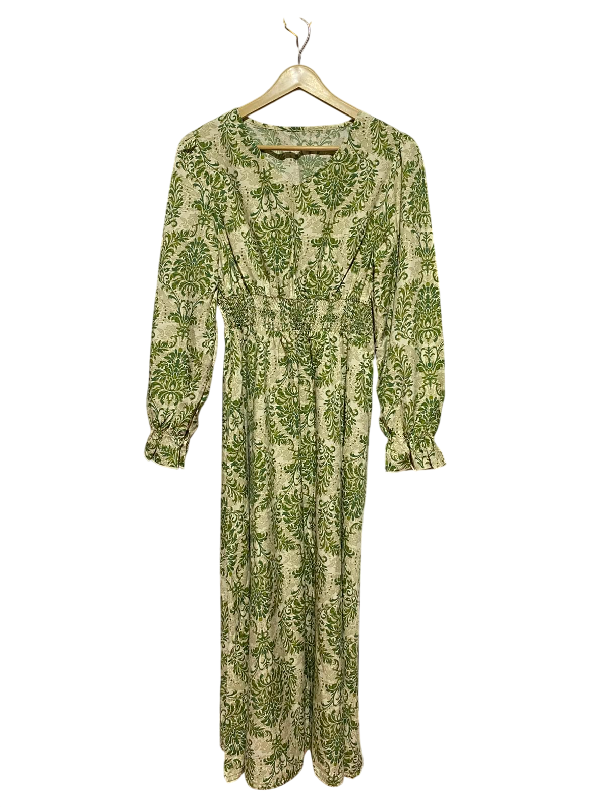 |L| BUST 17| A9| VINTAGE DAMASK PRINT LONG SLEEVE MAXI DRESS - GREEN & BEIGE
