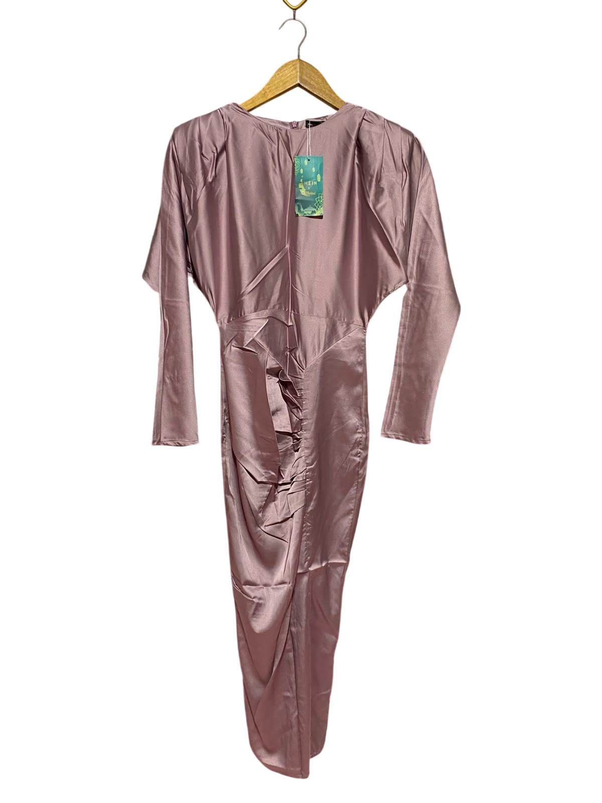 SHEIN |XS| BUST FREE| A9| SATIN LONG SLEEVE RUFFLED FRONT MIDI DRESS - MAUVE / DUSTY PINK