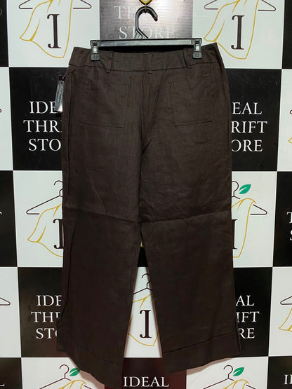 PRINCIPLES |L| WAIST 32| A9| PURE LINEN WIDE LEG TROUSERS - DARK BROWN