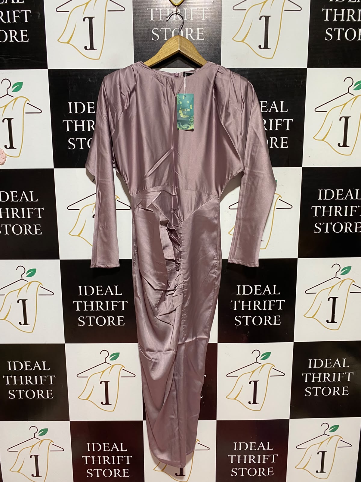 SHEIN |XS| BUST FREE| A9| SATIN LONG SLEEVE RUFFLED FRONT MIDI DRESS - MAUVE / DUSTY PINK