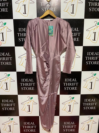 SHEIN |XS| BUST FREE| A9| SATIN LONG SLEEVE RUFFLED FRONT MIDI DRESS - MAUVE / DUSTY PINK