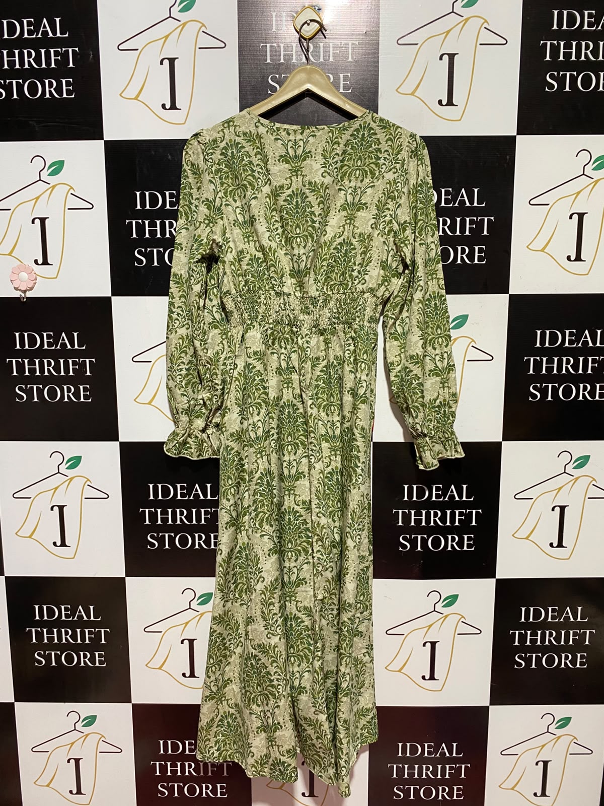 |L| BUST 17| A9| VINTAGE DAMASK PRINT LONG SLEEVE MAXI DRESS - GREEN & BEIGE