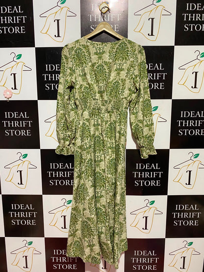 |L| BUST 17| A9| VINTAGE DAMASK PRINT LONG SLEEVE MAXI DRESS - GREEN & BEIGE