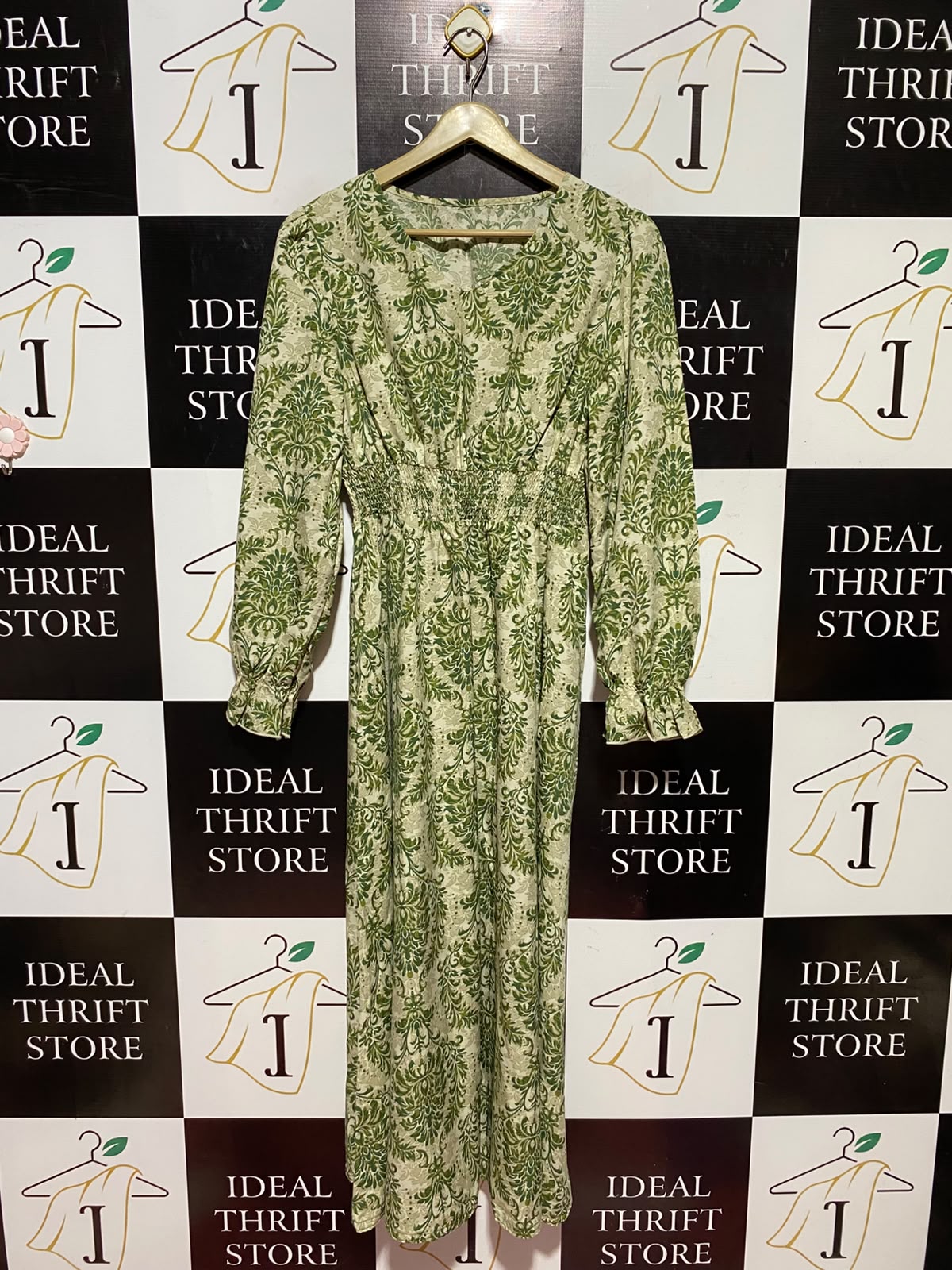 |L| BUST 17| A9| VINTAGE DAMASK PRINT LONG SLEEVE MAXI DRESS - GREEN & BEIGE