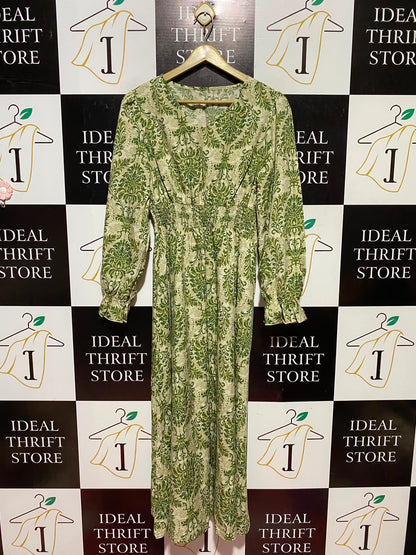 |L| BUST 17| A9| VINTAGE DAMASK PRINT LONG SLEEVE MAXI DRESS - GREEN & BEIGE