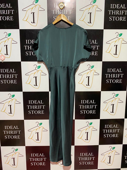 RIHOAS |S| BUST FREE| A9| SATIN V-NECK SHORT SLEEVE MAXI DRESS - EMERALD GREEN