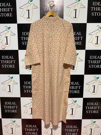VERO MODA |L| BUST 21| A9| CHERRY PRINT COTTON MANDARIN COLLAR KURTI DRESS - BEIGE / RED