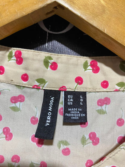 VERO MODA |L| BUST 21| A9| CHERRY PRINT COTTON MANDARIN COLLAR KURTI DRESS - BEIGE / RED