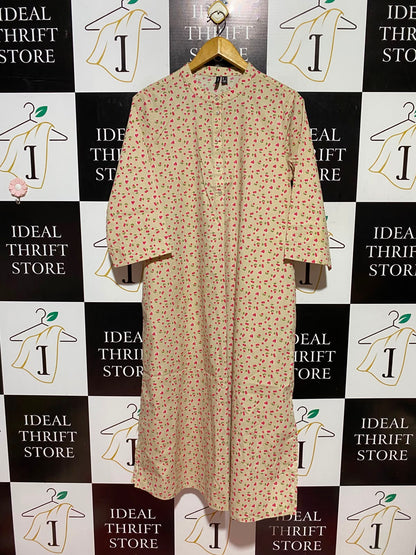 VERO MODA |L| BUST 21| A9| CHERRY PRINT COTTON MANDARIN COLLAR KURTI DRESS - BEIGE / RED
