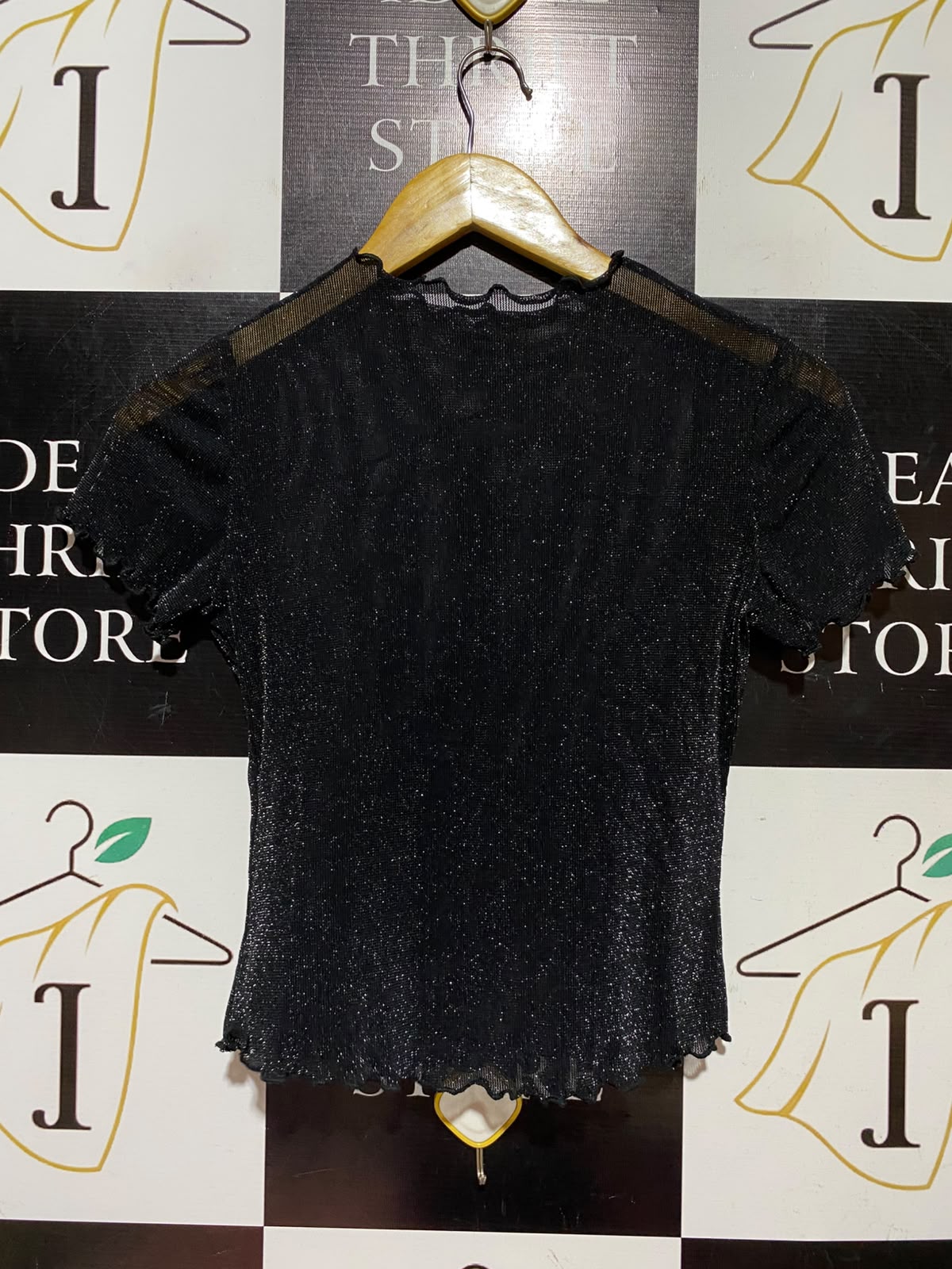 SHEIN |S| BUST 15| A9| BLACK SHIMMER MESH SHORT SLEEVE TOP WITH LETTUCE TRIM
