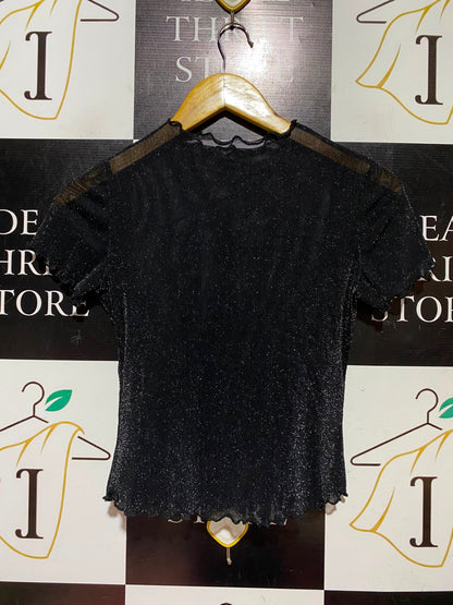 SHEIN |S| BUST 15| A9| BLACK SHIMMER MESH SHORT SLEEVE TOP WITH LETTUCE TRIM