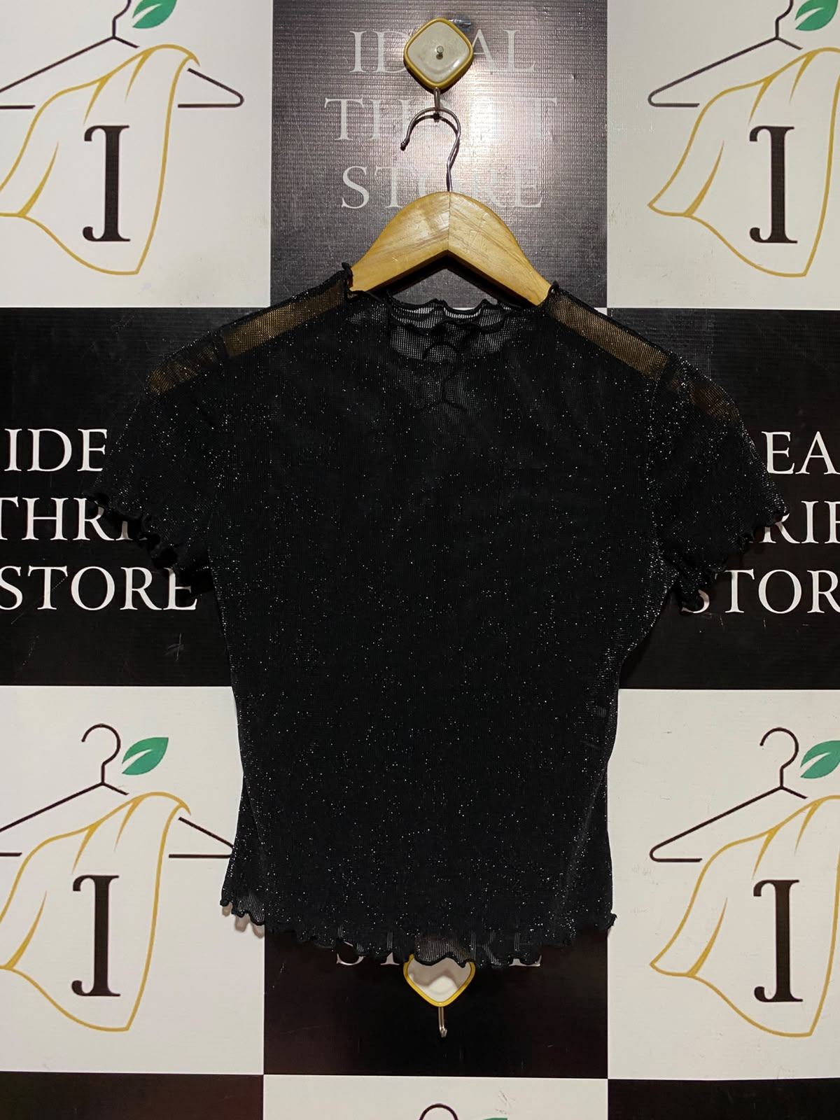 SHEIN |S| BUST 15| A9| BLACK SHIMMER MESH SHORT SLEEVE TOP WITH LETTUCE TRIM