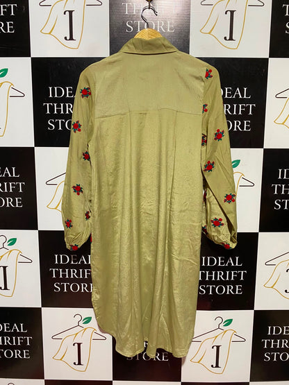 KHAADI |S| BUST 19| A9| EMBROIDERED FLORAL SILK SHIRT DRESS - OLIVE GREEN