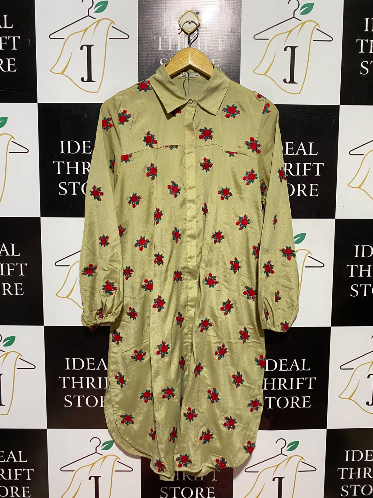 KHAADI |S| BUST 19| A9| EMBROIDERED FLORAL SILK SHIRT DRESS - OLIVE GREEN