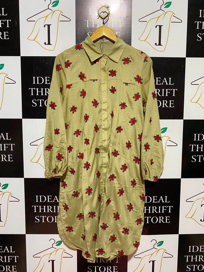 KHAADI |S| BUST 19| A9| EMBROIDERED FLORAL SILK SHIRT DRESS - OLIVE GREEN
