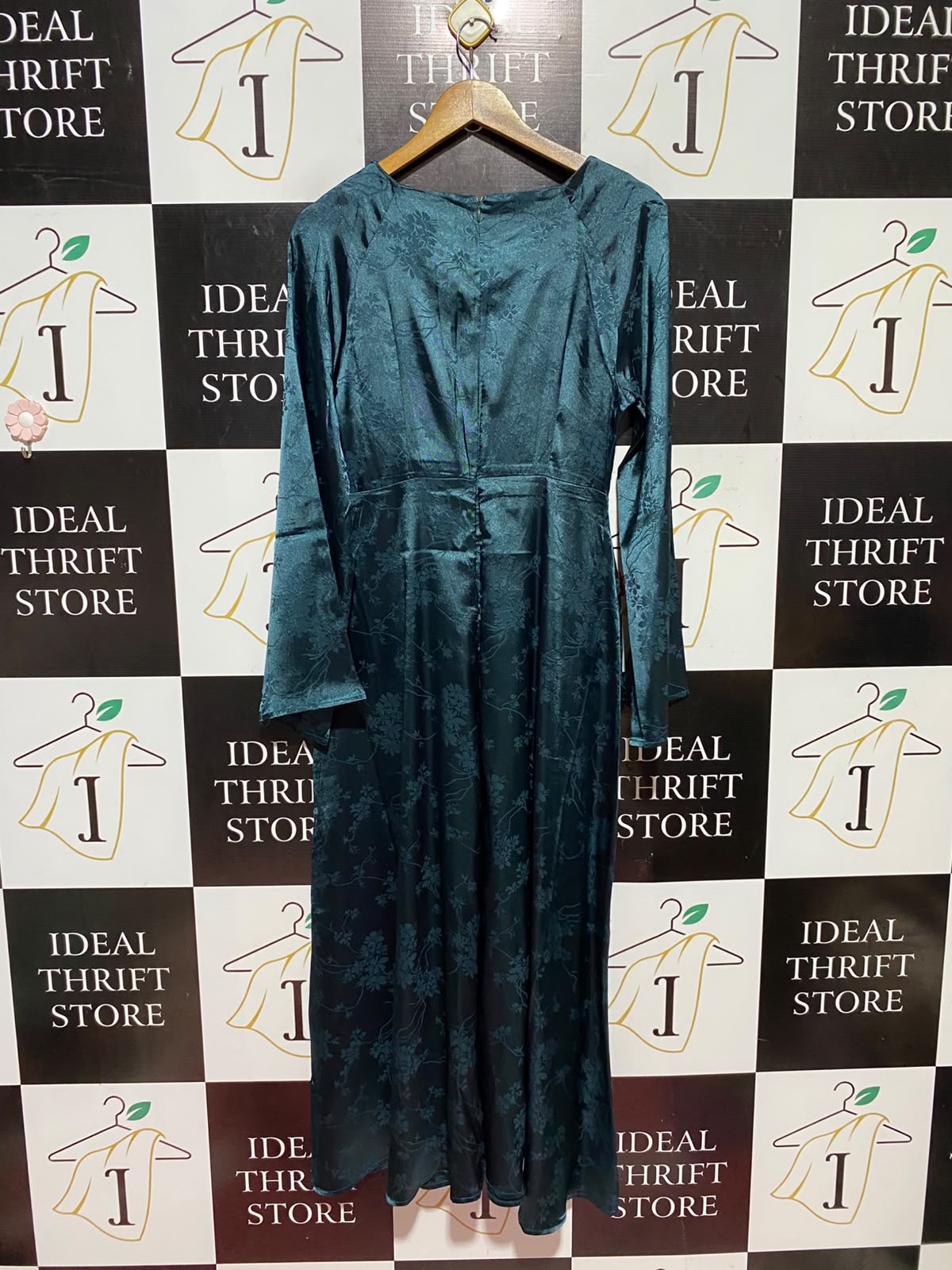 SHEIN |S| BUST 16| A9| JACQUARD SATIN FRONT-TIE LONG SLEEVE MAXI DRESS - TEAL GREEN