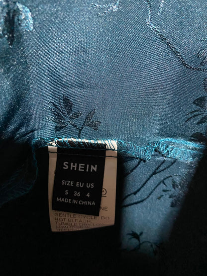 SHEIN |S| BUST 16| A9| JACQUARD SATIN FRONT-TIE LONG SLEEVE MAXI DRESS - TEAL GREEN