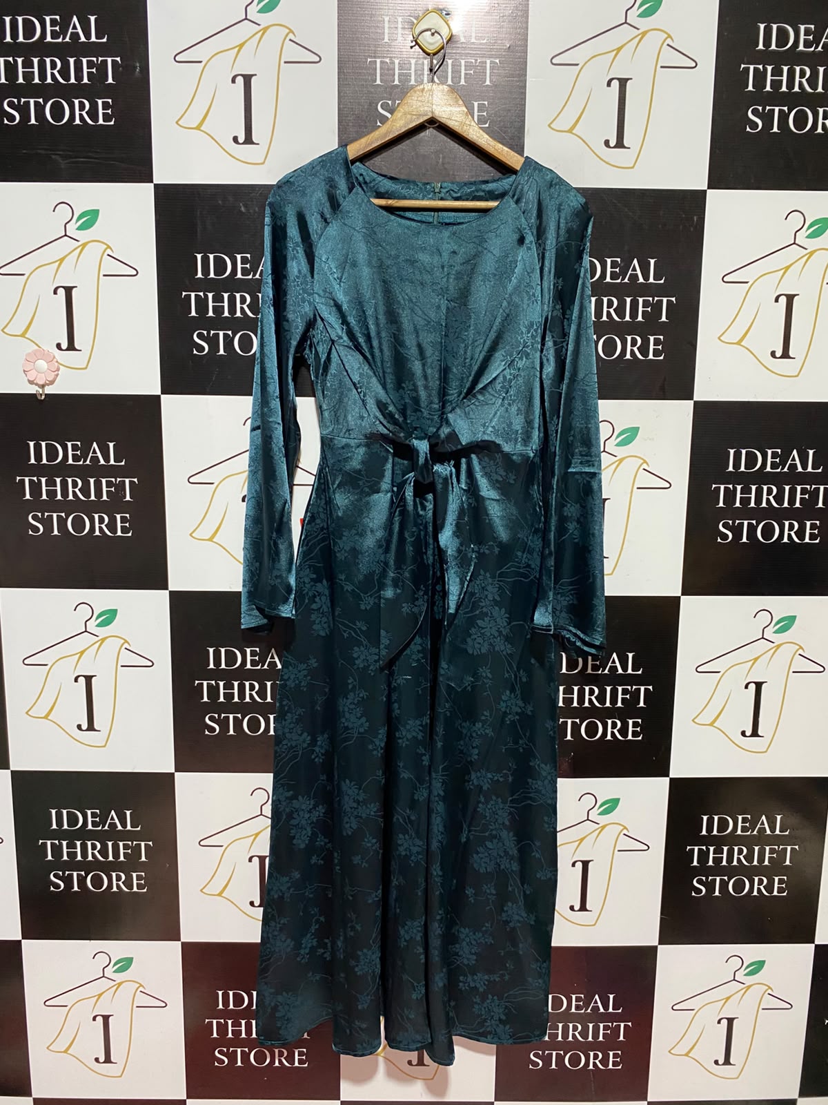 SHEIN |S| BUST 16| A9| JACQUARD SATIN FRONT-TIE LONG SLEEVE MAXI DRESS - TEAL GREEN