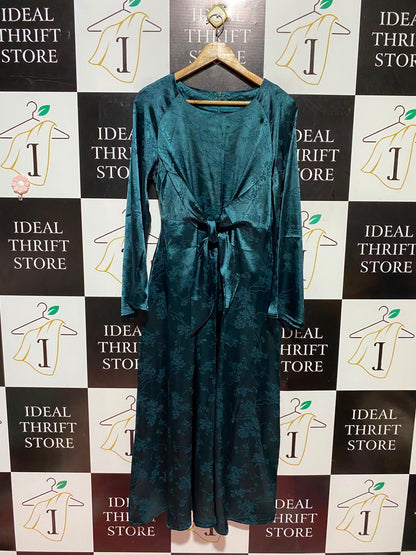 SHEIN |S| BUST 16| A9| JACQUARD SATIN FRONT-TIE LONG SLEEVE MAXI DRESS - TEAL GREEN