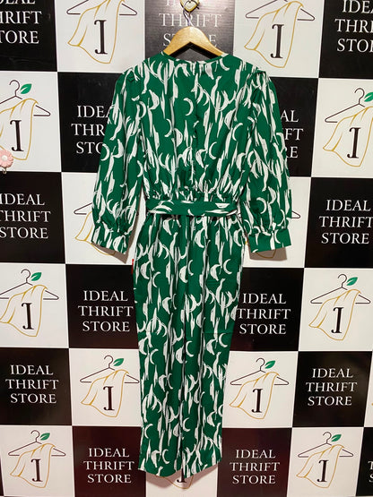 SHEIN |M| BUST 17| A9| ABSTRACT PRINT WRAP LONG SLEEVE MAXI DRESS - GREEN & WHITE