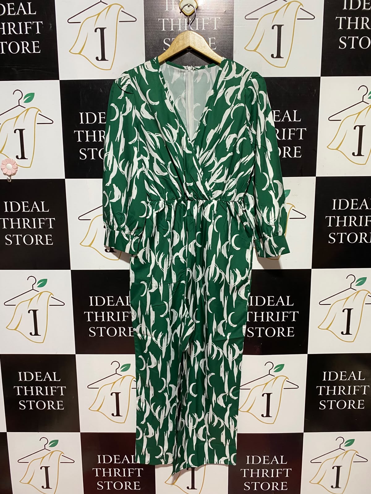 SHEIN |M| BUST 17| A9| ABSTRACT PRINT WRAP LONG SLEEVE MAXI DRESS - GREEN & WHITE