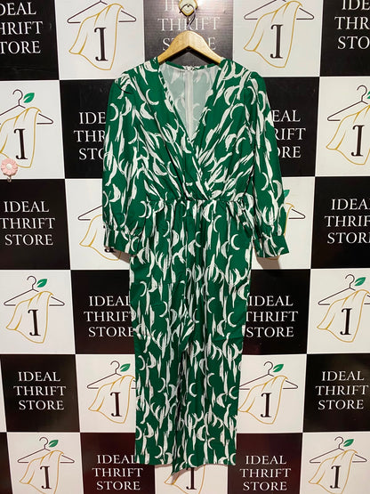 SHEIN |M| BUST 17| A9| ABSTRACT PRINT WRAP LONG SLEEVE MAXI DRESS - GREEN & WHITE