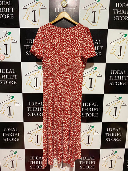 SHEIN CURVE |XL| BUST 18| A9| FLORAL PRINT V-NECK FLUTTER SLEEVE MAXI DRESS - RED & WHITE