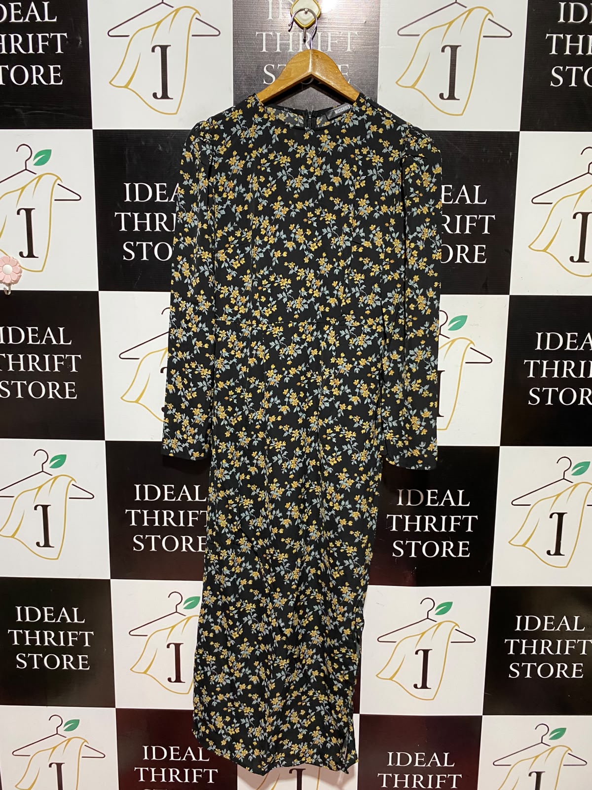 MISSGUIDED |M| BUST 16| A9| FLORAL PRINT LONG SLEEVE MAXI DRESS - BLACK & YELLOW