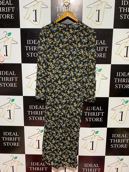 MISSGUIDED |M| BUST 16| A9| FLORAL PRINT LONG SLEEVE MAXI DRESS - BLACK & YELLOW