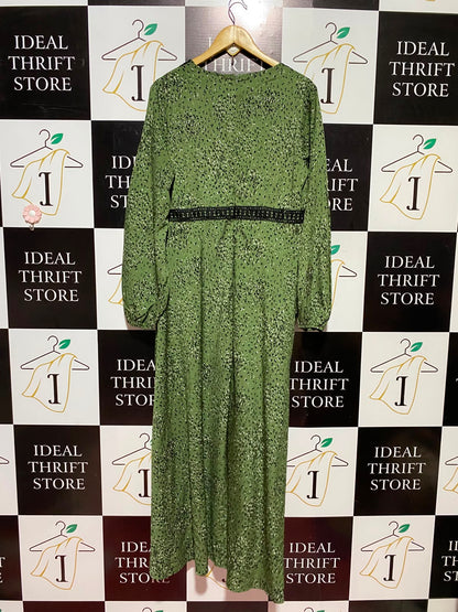 SHEIN |XL| BUST 20| A9| BOHEMIAN ANIMAL PRINT MAXI DRESS WITH CROCHET LACE TRIM - OLIVE GREEN