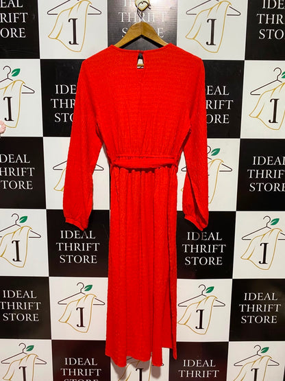 TU WOMAN |M| BUST 18| A9| TEXTURED LONG SLEEVE BELTED MAXI DRESS - VIBRANT RED