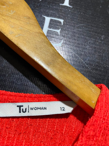 TU WOMAN |M| BUST 18| A9| TEXTURED LONG SLEEVE BELTED MAXI DRESS - VIBRANT RED